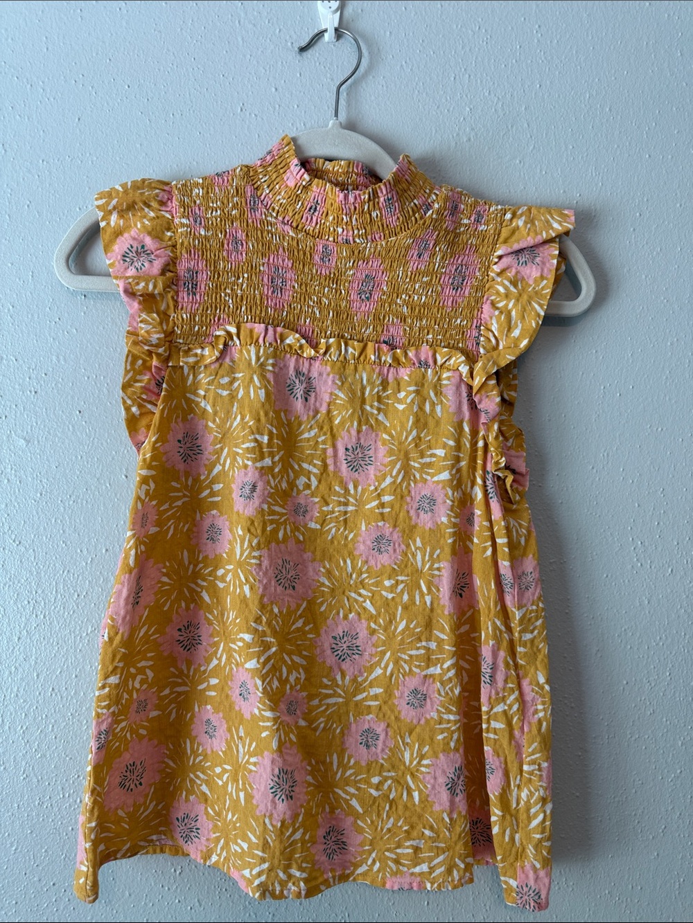 THML Mustard and Pink Floral Smocked Blouse